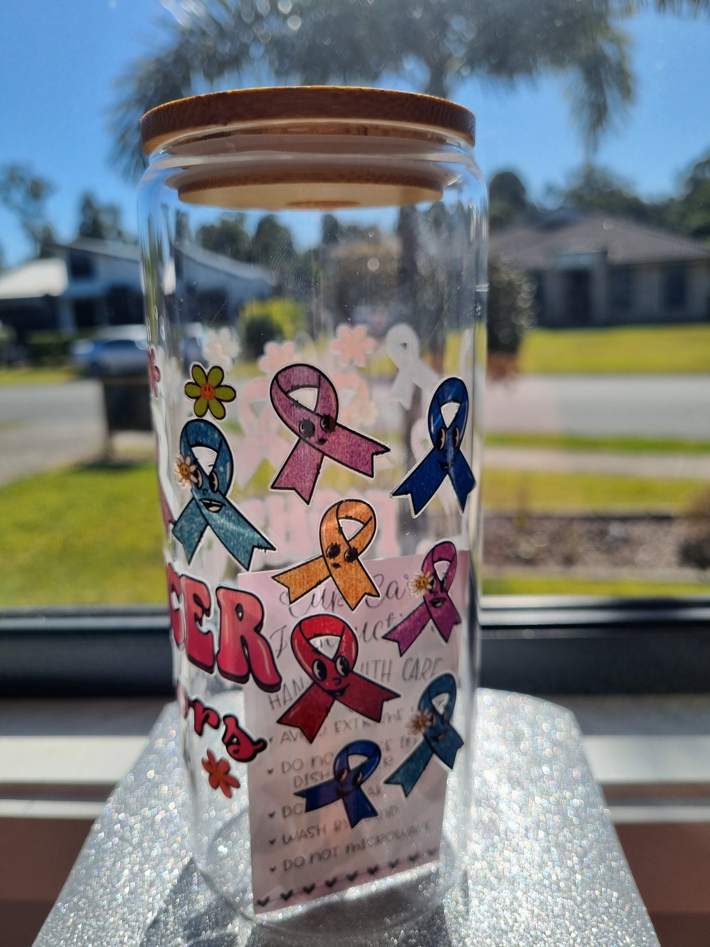 "Fight Cancer in all Colours" Glass Tumbler with Bamboo Lid.