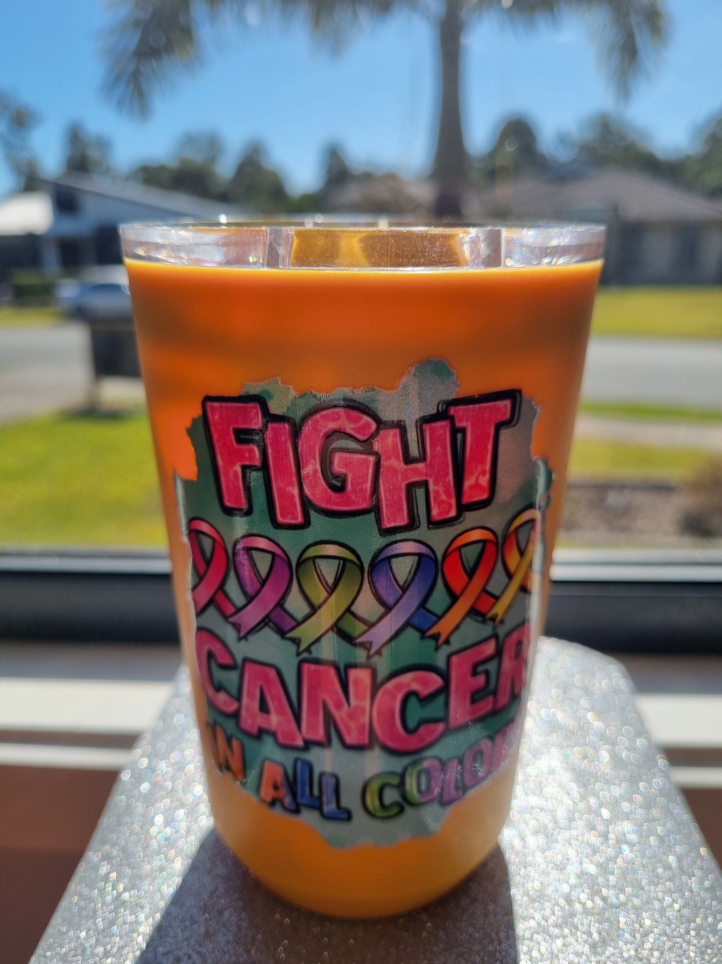 "Fight Cancer in all Colours" Yellow Plastic Tumbler with Sliding Lid.