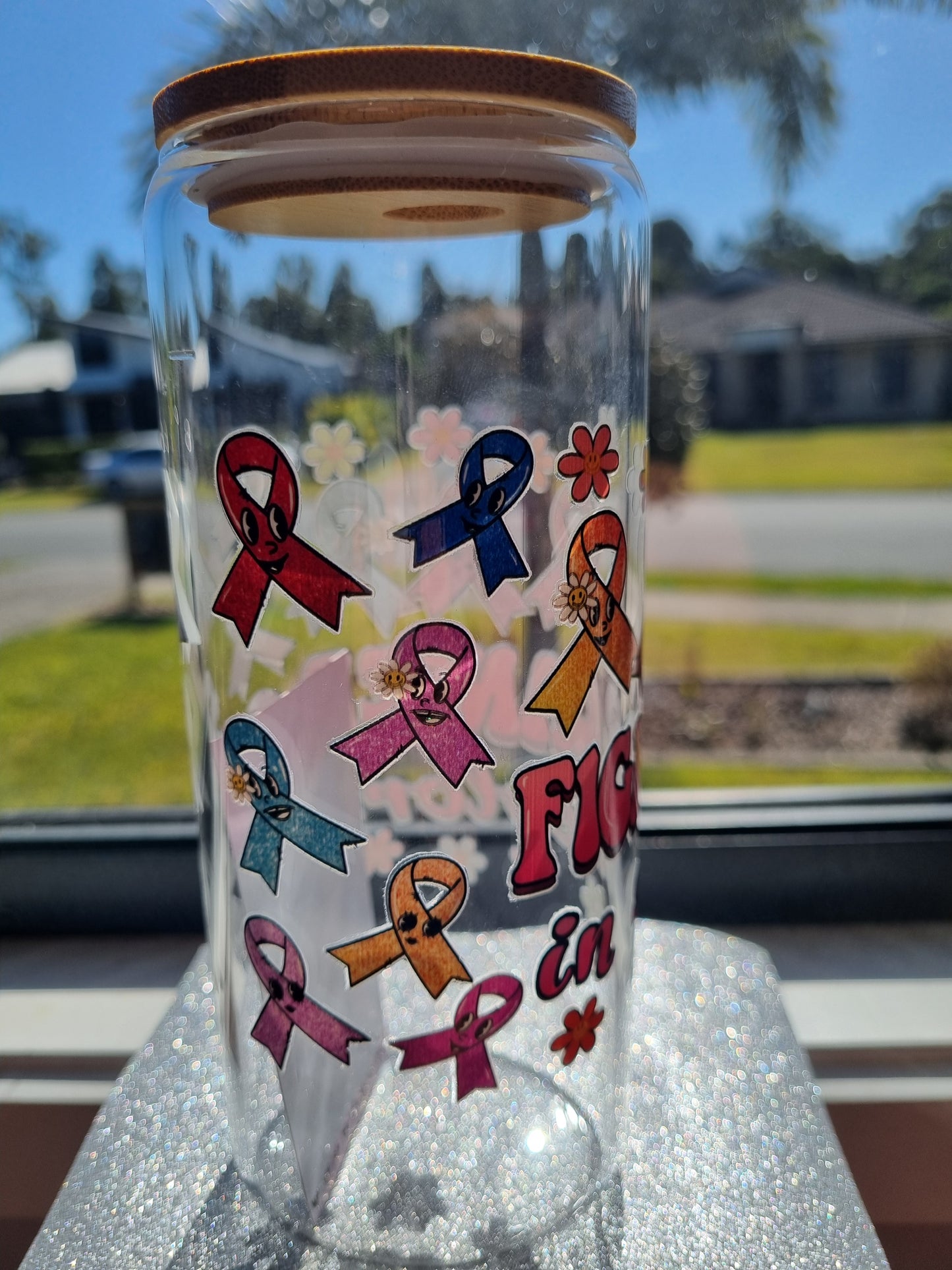 "Fight Cancer in all Colours" Glass Tumbler with Bamboo Lid.