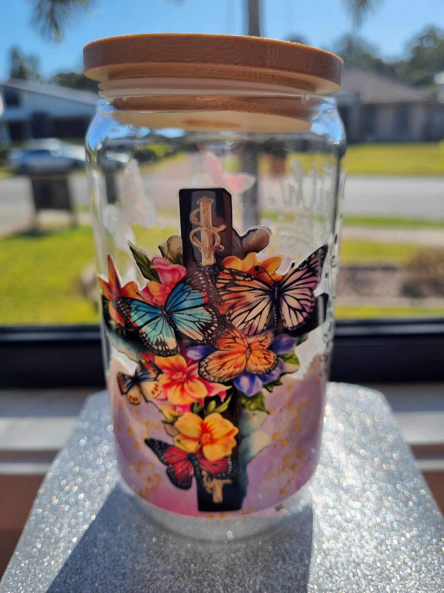 "Faith" Glass Tumbler with Bamboo Lid.