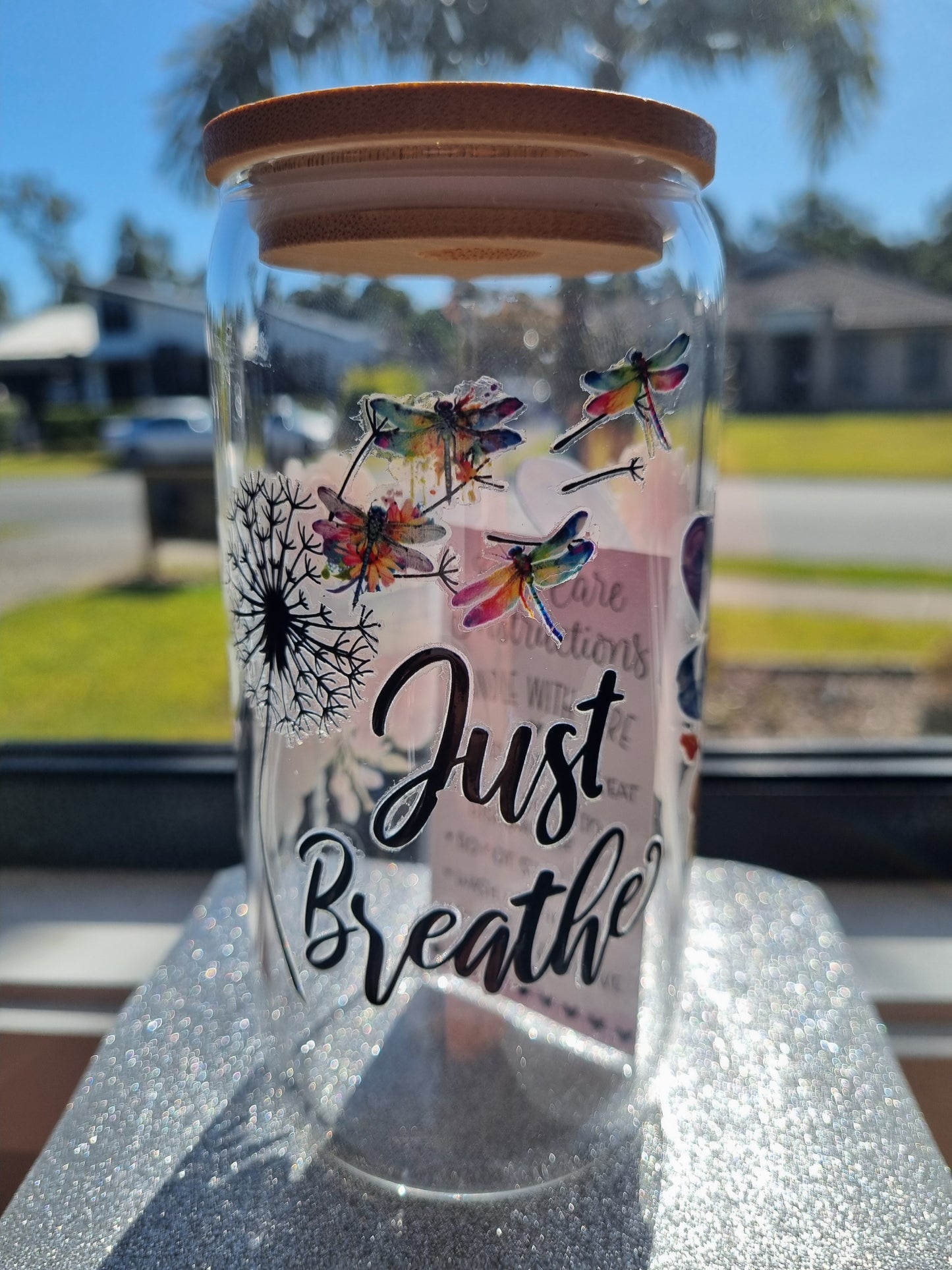 "Just Breathe" Glass Tumbler with Bamboo Lid.