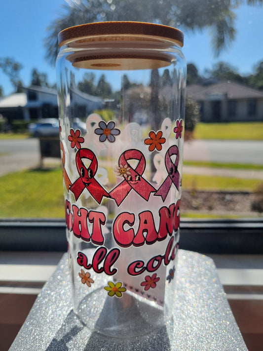 "Fight Cancer in all Colours" Glass Tumbler with Bamboo Lid.